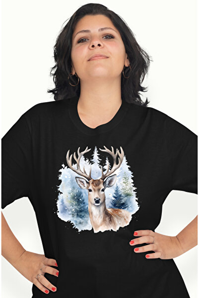 StoryGift Romania Tricou Femei cu un cerb in padure, ilustratie, ninge, brazi...