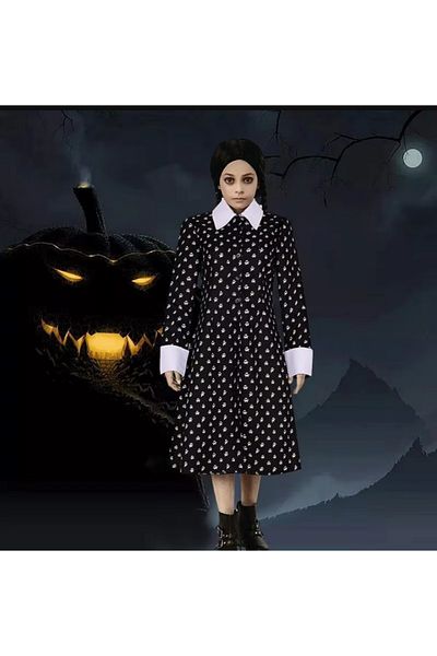 zola Rochita pentru carnaval Halloween, model Wednesday Addams, marimea 115-125 cm