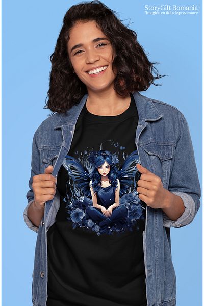 StoryGift Romania Tricou Femei Cu O Zana Draguta, Ilustratie, Aripi Albastre, Rochie, Floricele, F Blk_m