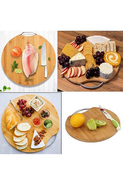 PUFO round kitchen chopping board made of bamboo wood with metal handle, brown, 30 cm