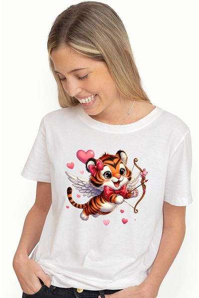 StoryGift Romania Women's T-shirt with a tiger Cupid shooting a bow, illustration, hearts, ari WHT_L