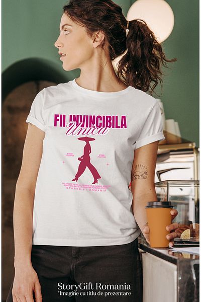 StoryGift Romania Tricou Femei Mesaj Motivational Femeie Cu palarie Text Fii Invincibila Fii Unica WHT_XS
