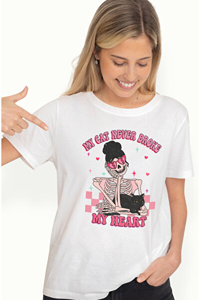 StoryGift Romania Tricou Femei cu un schelet de femeie care tine in brate o pisica neagra cu mesaj WHT_L