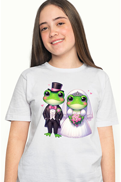 StoryGift Romania Tricou Femei cu 2 broaste la nunta, ilustratie, rochie de m...