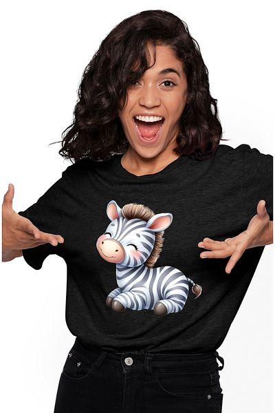 StoryGift Romania Women's T-shirt with a happy zebra, illustration, be good, nature, jungle, free BLK_L