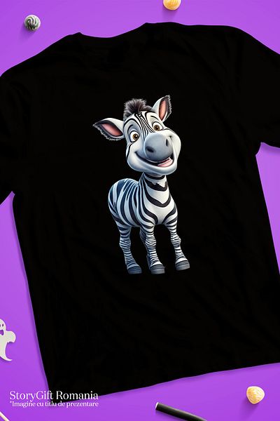 StoryGift Romania Women's T-shirt with a cheerful zebra, illustration, cheerful, wild animal, jungle BLK_XS