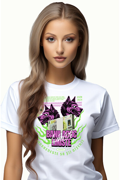 StoryGift Romania Tricou Femei Banii Aduc Liniste - Indrazneste sa Fii Diferit, cu imprimeu pe Fa WHT_XL