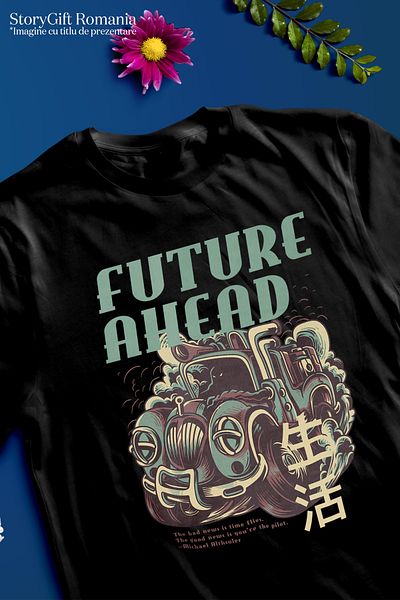 StoryGift Romania Tricou Femei Cu Monstru Masinarie Automibil, Text In Engleza Future Ahead, Ilust BLK_XL