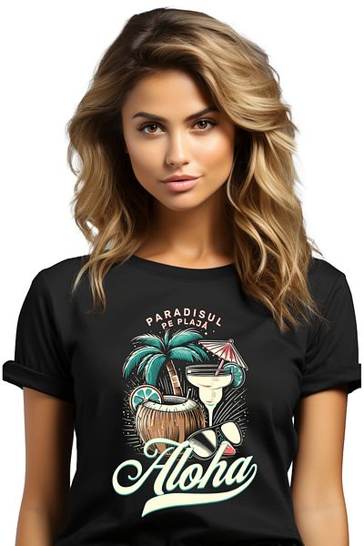 StoryGift Romania Tricou Femei paradisul pe plaja nuca de cocos cocktail aloha cu imprimeu pe Fat BLK_XS