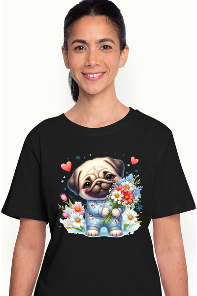StoryGift Romania Tricou Femei cu un catelus Pug care tine un buchet cu flori...