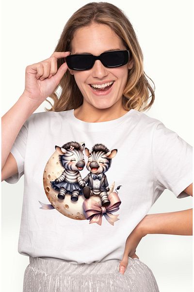 StoryGift Romania Women's T-shirt with 2 zebras standing on the crescent moon, illustration, bow, laughing, feeling happy WHT_XS