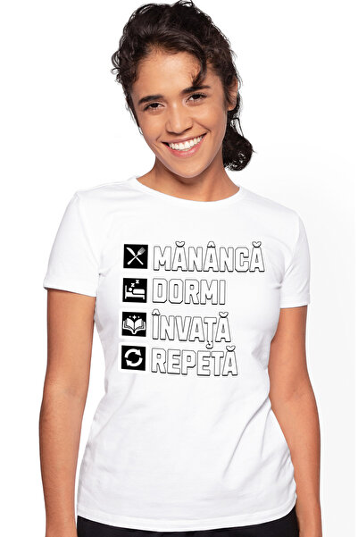 StoryGift Romania Tricou Femei mananca dormi invata repeta studiat scoala cu ...