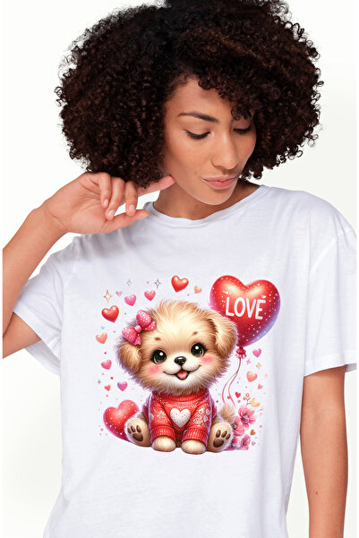 StoryGift Romania Tricou Femei cu un catelus foarte fericit, ilustratie, inimi, balon, flori, mesa WHT_L