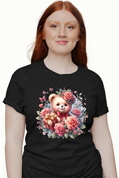 StoryGift Romania Tricou Femei cu un ursulet de plus, ilustratie, trandafiri,...