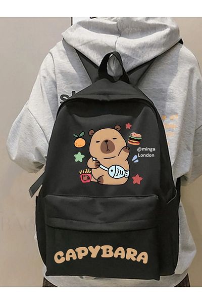 DEEFWEAR Black Capybara Lucky Fish Bottom Top Printed School, Classroom, Course Printed Backpack