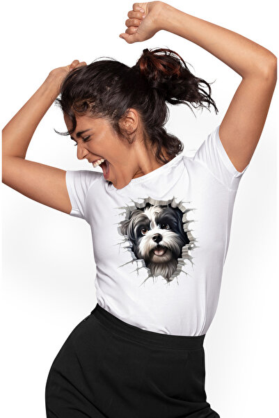 StoryGift Romania Tricou Femei cu un catel curios care scoate capul printr-un perete spart, jucaus WHT_L