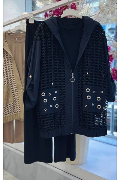 ModaTrendy Sandy Fabric Jacket Mesh Triple Set