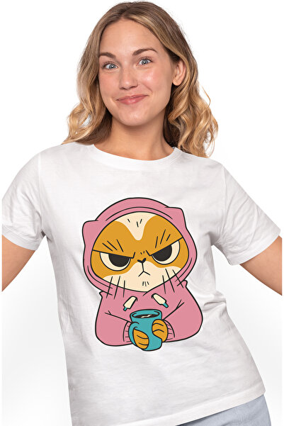 StoryGift Romania Tricou Femei Pisica Nervoasa cu Hanorac, Gluga si Cafea, Cr...