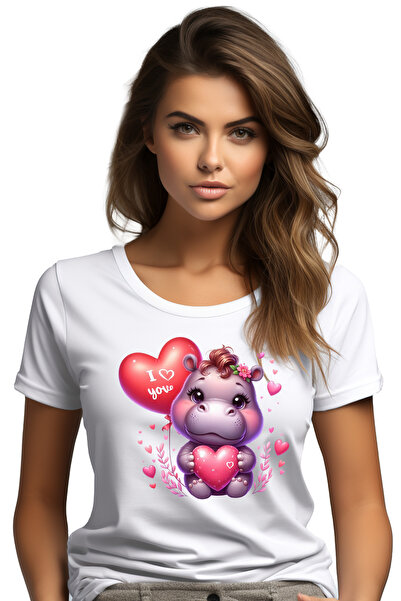 StoryGift Romania Tricou Femei cu un pui de hipopotam care tine o inima in br...