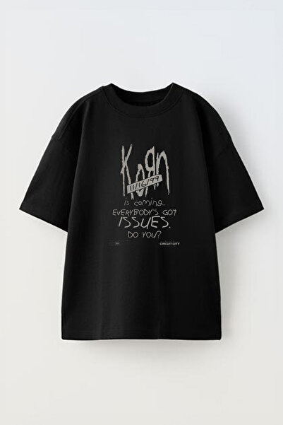 Anetos Korn Coming Front cu imprimeu Bumbac Negru supradimensionat tricou