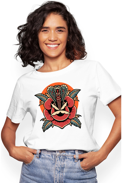 StoryGift Romania Tricou Femei Cu Trandafir, Cobra, Sarpe, Cerc, Frunze, Colti, Multicolor cu imp WHT_XL