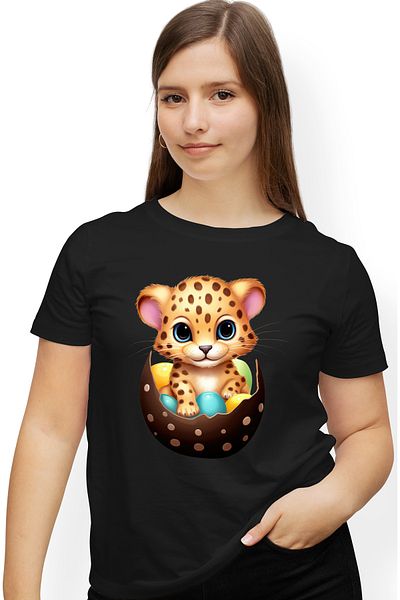 StoryGift Romania Women's T-shirt with a tiger cub coming out of a broken egg, illustration, size BLK_XL