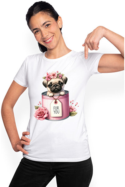 StoryGift Romania Tricou Femei cu un catel Pug care iese dintr-o conserva, ilustratie, flori, mesa WHT_M