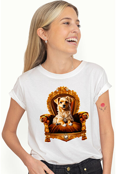 StoryGift Romania Tricou Femei cu un catel care sta pe un scaun de nobil, ilu...