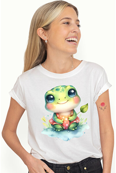 StoryGift Romania Tricou Femei cu o broscuta vesela, ilustratie, frunze, plan...