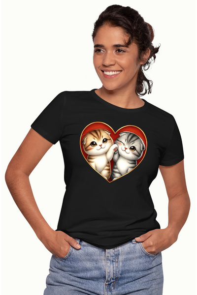 StoryGift Romania Tricou Femei cu 2 pisicute, ilustratie, Valentine's Day, za...