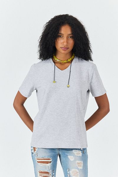Soho Mood Women's V-Neck 100% Cotton Gray Basic T-Shirt