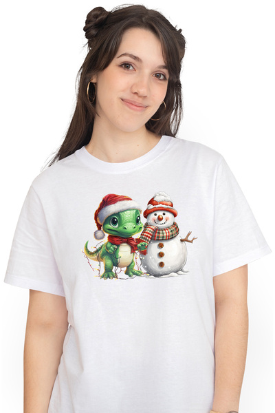StoryGift Romania Tricou Femei cu dinozaur micut care a facut un om de zapada, ilustratie, fericir WHT_L