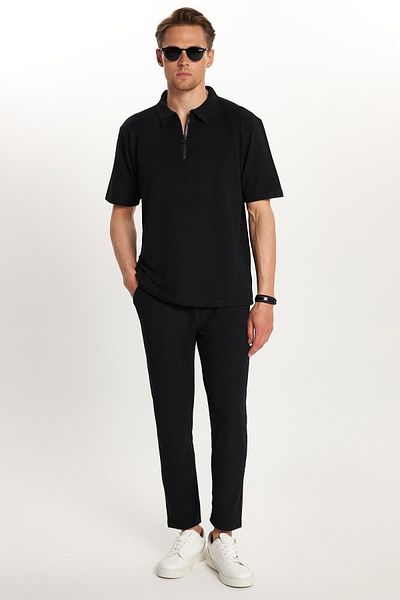 Tudors Men's Standard Fit Cotton Zippered Polo Neck Waist Lace up Black Tracksuit Set