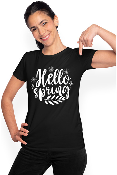 StoryGift Romania Tricou Femei cu floricele si cu mesajul in engleza "Hello, spring" - buna primav BLK_S