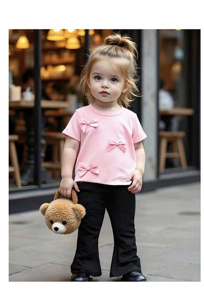 My Kids Wear Girl's Bow Detailed Top and Bottom Set
