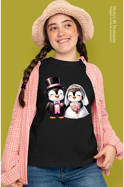 StoryGift Romania Tricou Femei cu 2 pinguini la nunta, ilustratie, fericire, rochie de mireasa, gi BLK_L