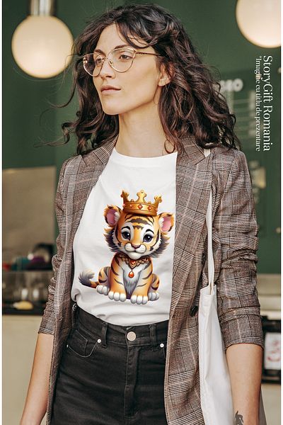 StoryGift Romania Women's T-shirt with a tiger cub wearing a royal crown, nobility, cheerful, a WHT_L