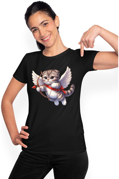 StoryGift Romania Tricou Femei cu o pisicuta grasuta Cupidon, ilustratie, trage cu arcul, zboara, BLK_M