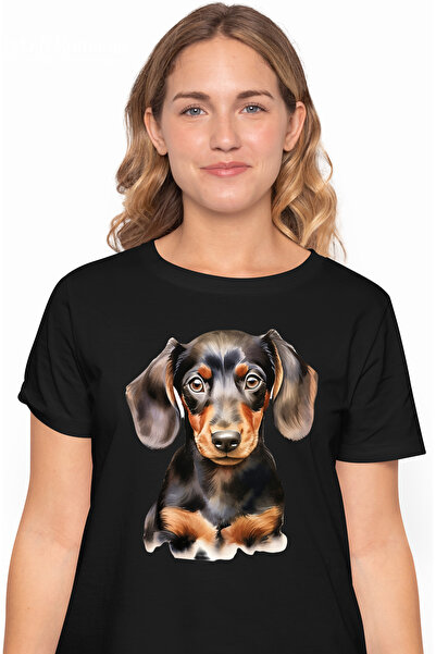 StoryGift Romania Tricou Femei cu un catel Dachshund curios, ilustratie, pent...