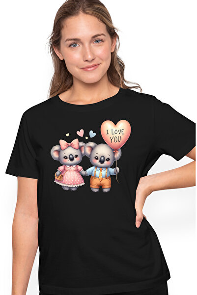 StoryGift Romania Tricou Femei cu o ursoaica si un urs, ilustratie, Koala, balon cu mesajul "I lov BLK_L