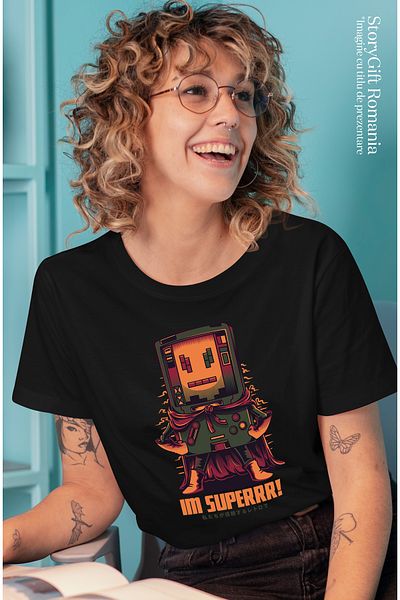 StoryGift Romania Women's T-Shirt With Childhood Video Game Controller With Superhero Cape, Text Po BLK_L,STG59842