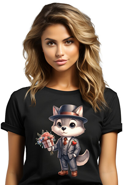 StoryGift Romania Tricou Femei cu un lup la costum, ilustratie, palarie, buch...