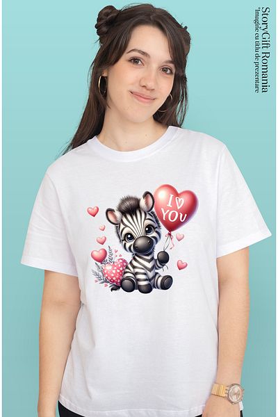 StoryGift Romania Women's T-shirt with baby zebra holding a balloon with the message "I love you", hearts, WHT_L