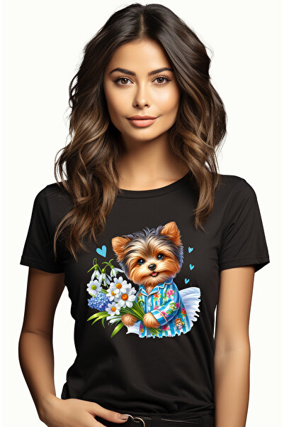 StoryGift Romania Tricou Femei cu un catel care tine un buchet cu flori, de t...