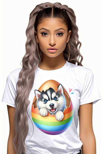 StoryGift Romania Tricou Femei cu un catel Husky care iese dintr-un ou spart,...