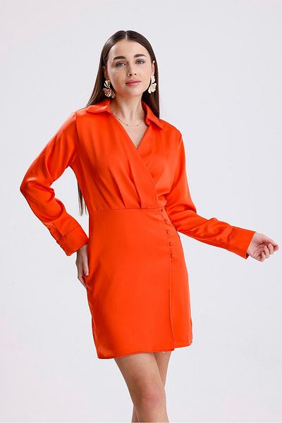 Moka Shopin Mokashopin Double Breasted Collar Buttoned Satin Dress - Orange