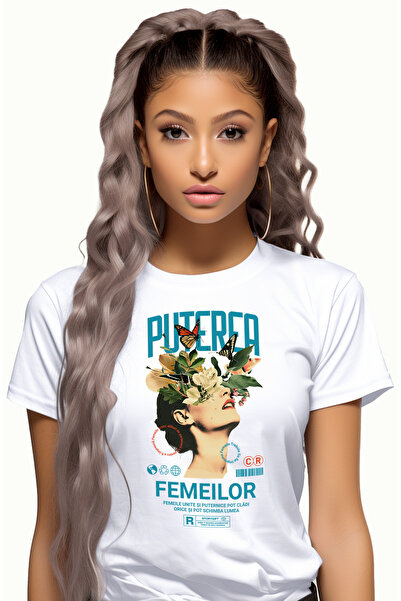 StoryGift Romania Tricou Femei Puterea Femeilor - Portret Fata cu Flori si Fl...