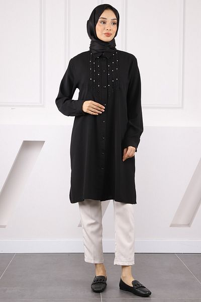 İmajButik Black Front Stone Detailed Linda Tunic