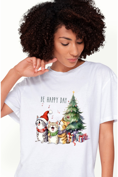 StoryGift Romania Tricou Femei cu pisici care canta cu mesajul "Be Happy Day", Craciun fericit, il WHT_XS