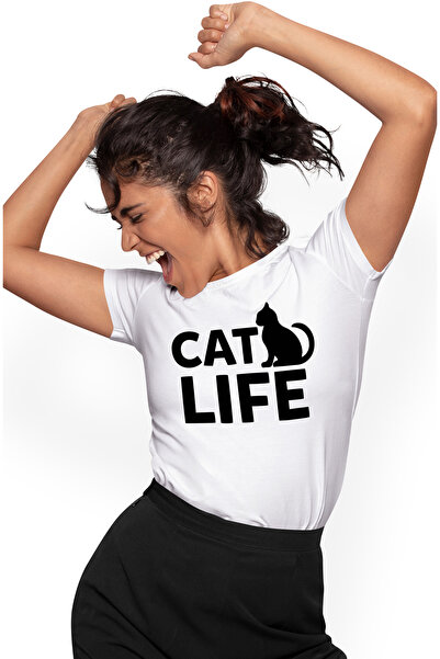 StoryGift Romania Tricou Femei cu o pisica si textul in engleza "Cat life" - ...